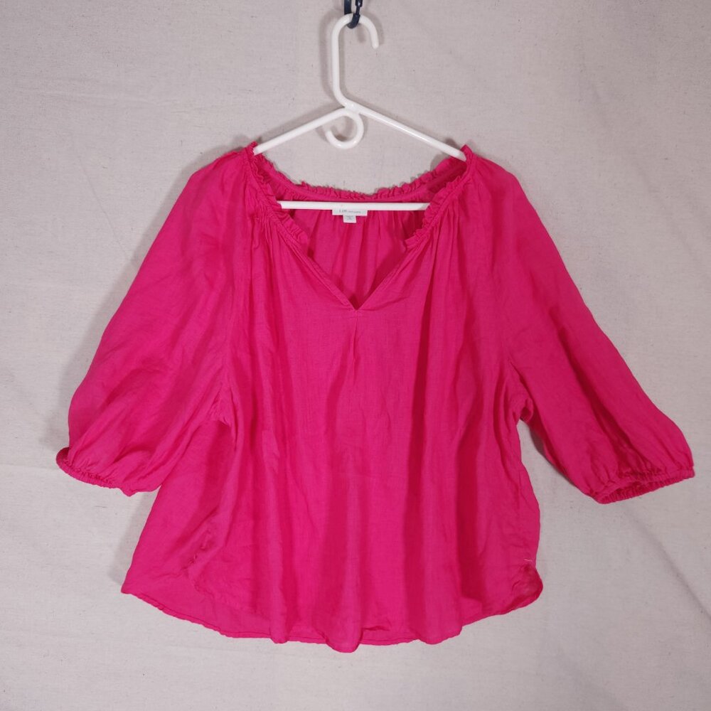 J.Jill Love Linen Womens Blouse XL Petite Hot Pink Peasant Boho Coastal Relaxed